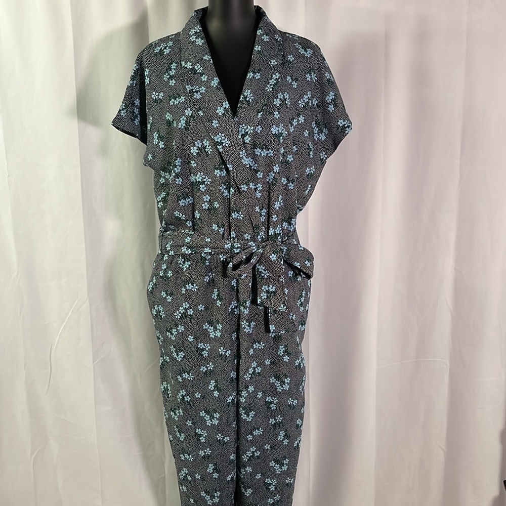Boden Navy Polka Dot Floral Print Short Sleeve Belted Cropped Leg Jumpsuit